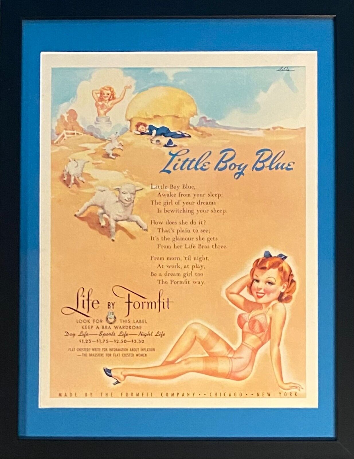 Vintage 1942 Life By Formfit Bra Little Boy Blue Sheep Framed Ad 16x12