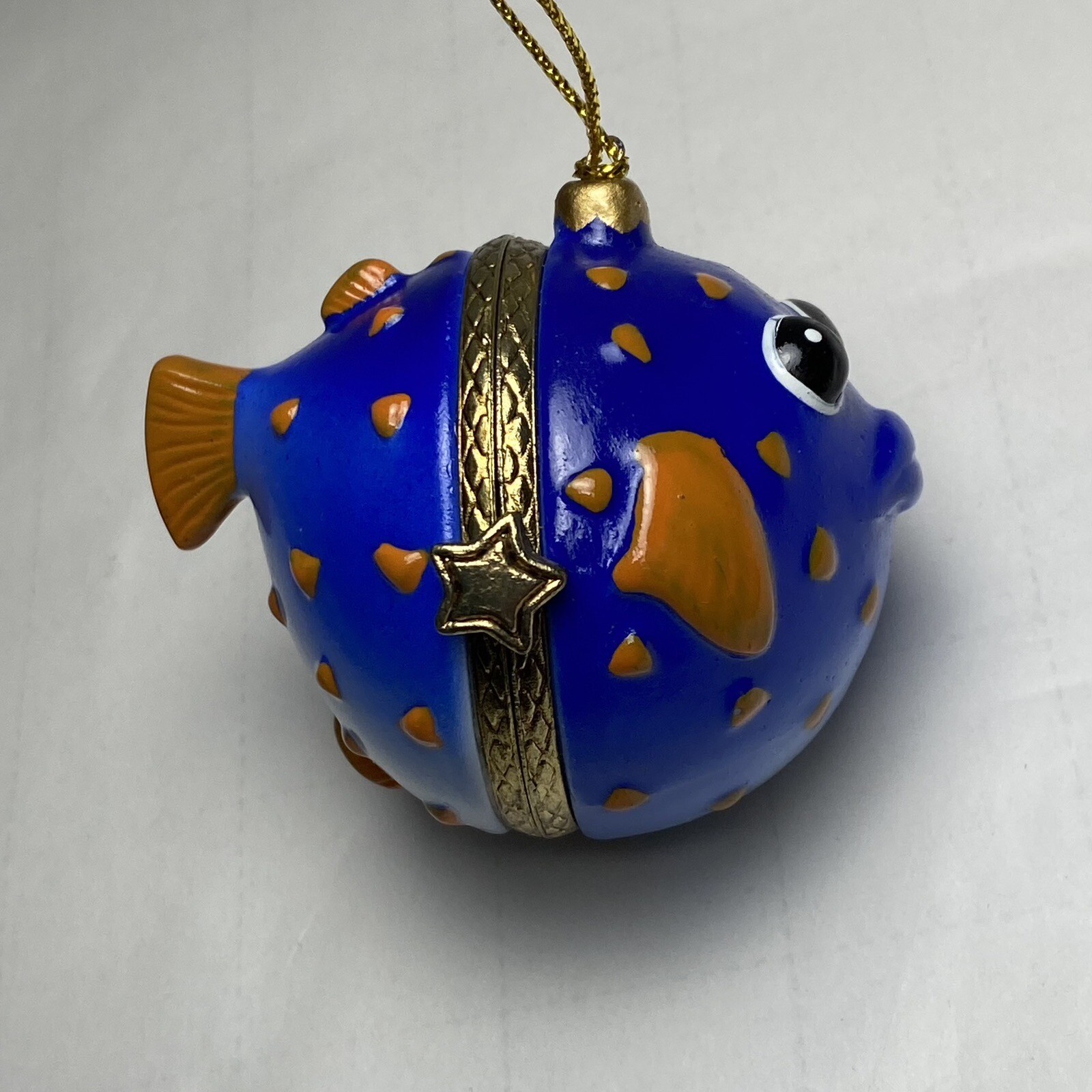 Blue Puffer Fish Trinket Box Ornament Ocean Decor 2.5 Enamel Painted Hinged READ
