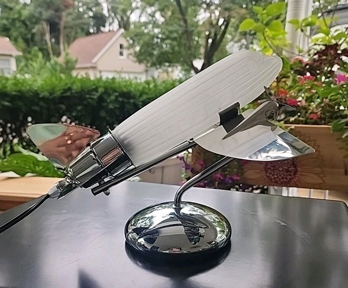 Vintage Art Deco 12” Airplane Table Lamp Chrome Frosted Glass Wings Pilot DC3