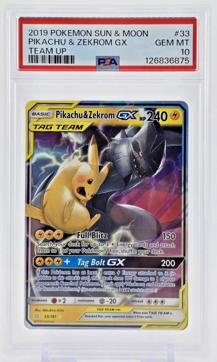 PSA 10 2019 PIKACHU & ZEKROM GX POKEMON CARD HOLO SUN & MOON TAG TEAM UP GEM 33