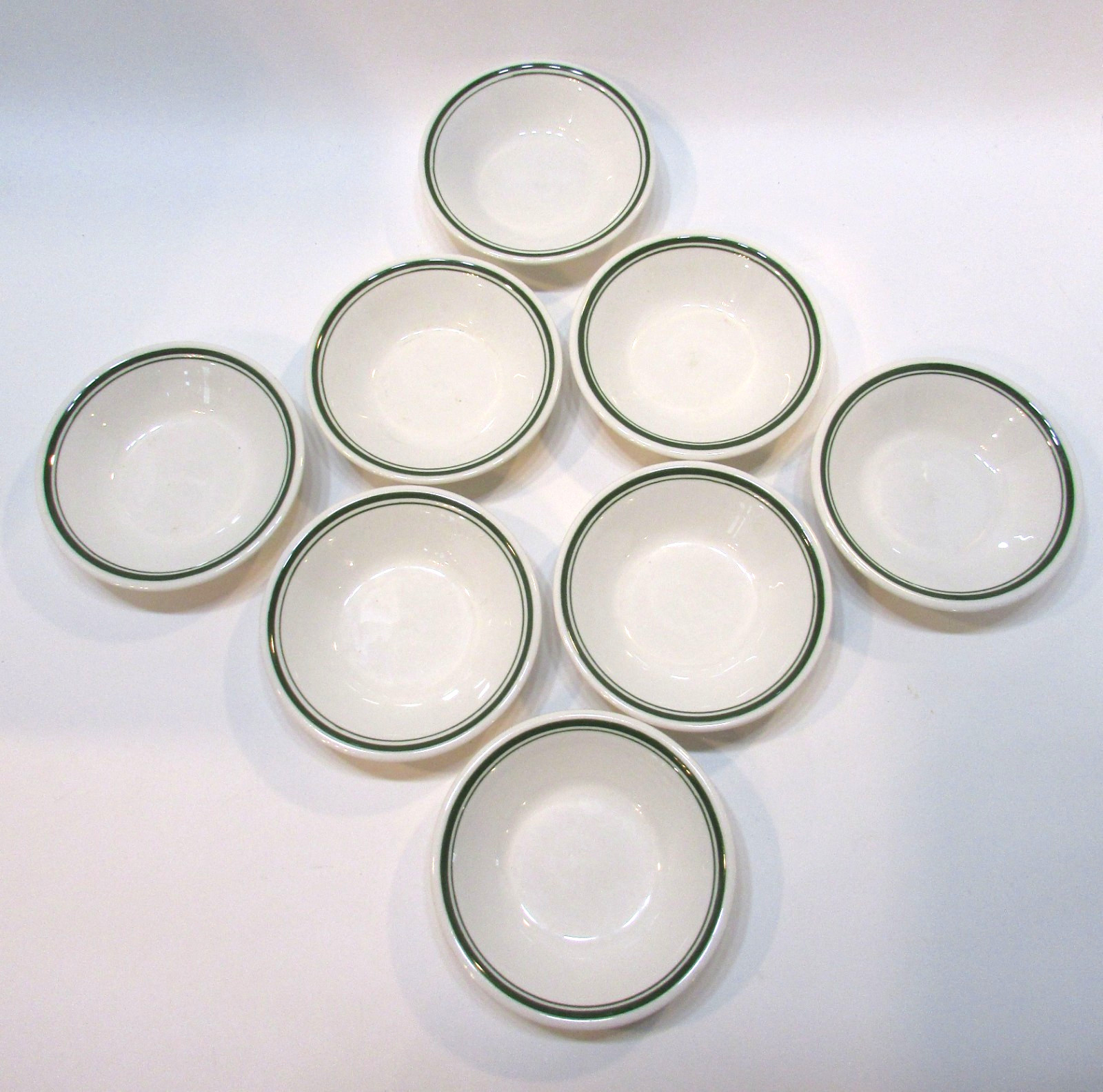 Eight Vintage Buffalo USA Green Stripe White Porcelain Sauce Bowls F