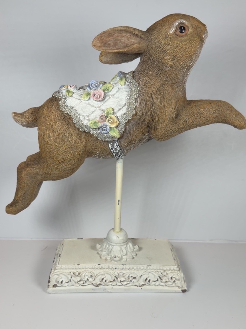 Rabbit Figurine on Stand w/ Floral Saddle & Lace Vest, White Base Mint condition