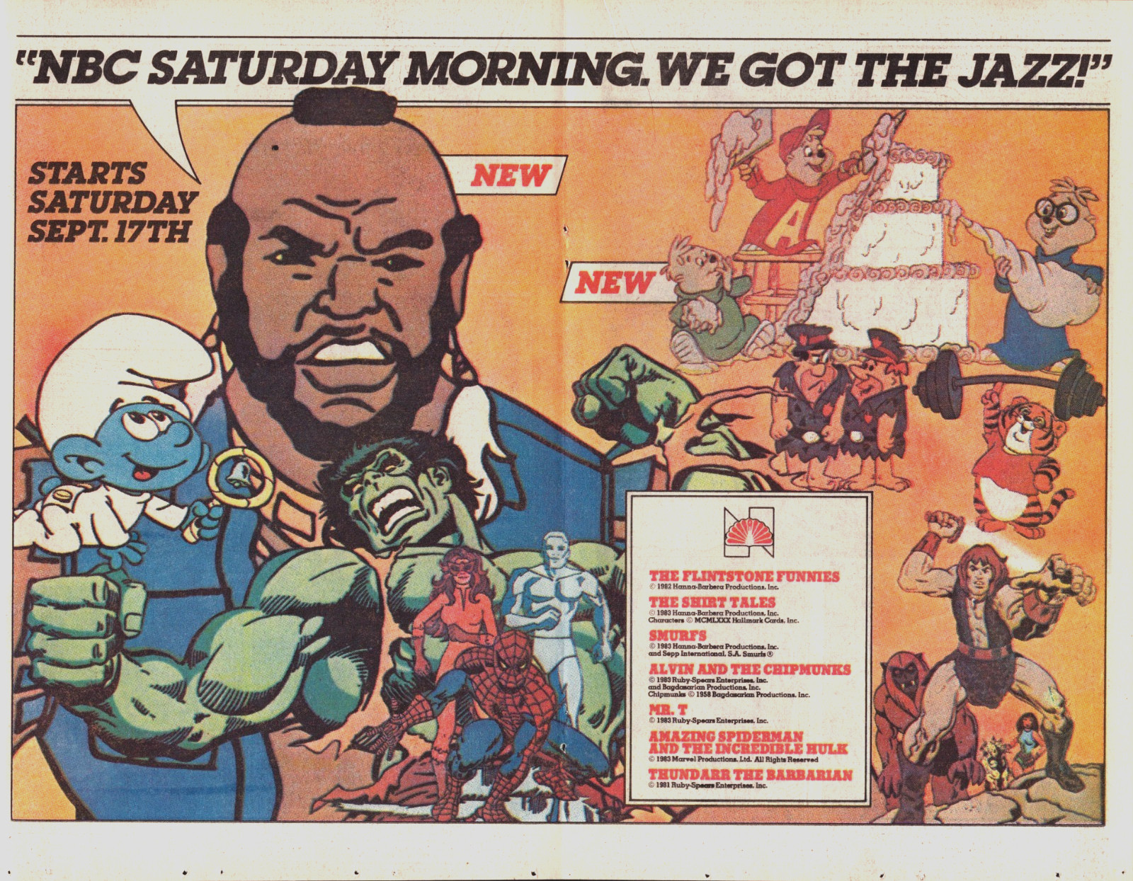 1983 NBC Saturday Morning Cartoons Promo 2 PG PRINT AD - MR T SMURFS SHIRT TALES