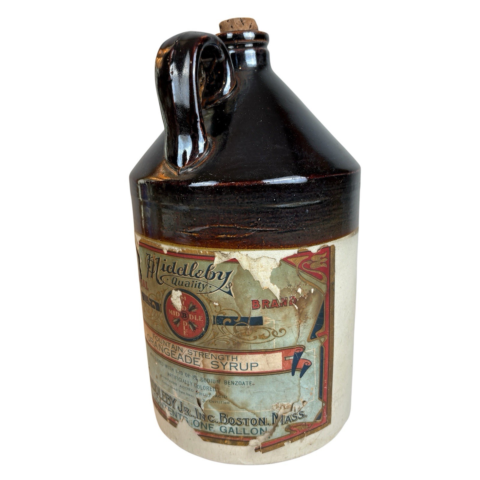 1-Gallon Jug Crock Stoneware w Label Middleby Fountain Syrup 12” Vintage Antique