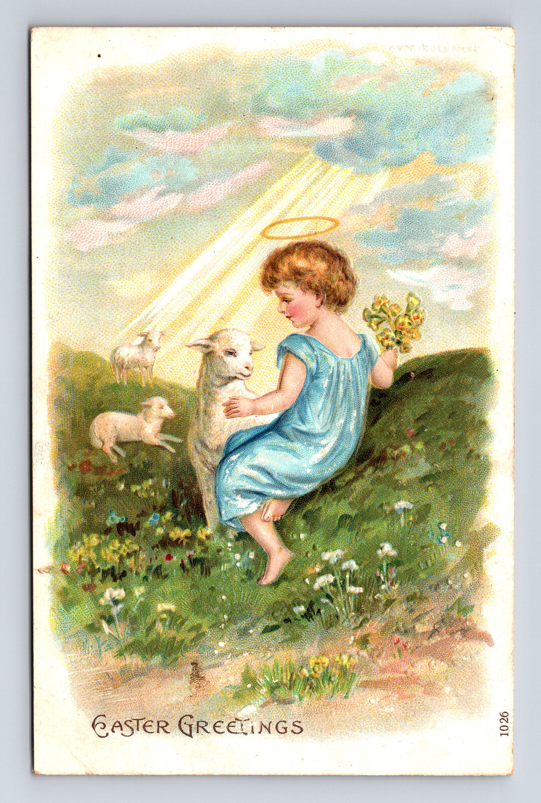 1908 Traditional Easter Angel Girl Flowers Lamb Pasture Germany Postcard