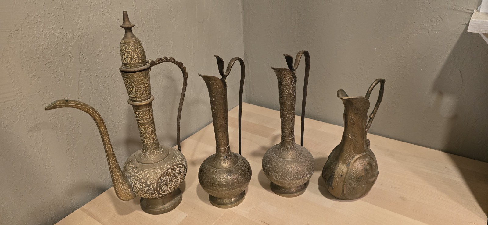 Lot of 4 Vintage Brass Pitchers – Engraved Floral Ewers + Sculptural Shell Form