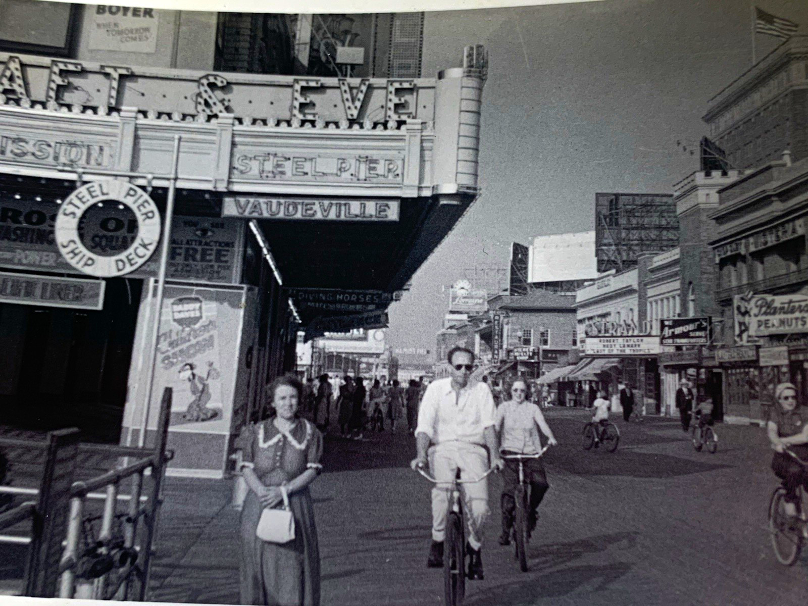 3 Vtg B&W photos 1930s Atlantic City Boardwalk people bicycles street signage