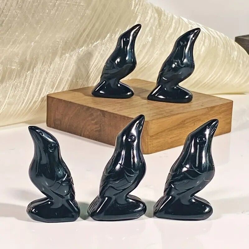 Hand Carved Black Obsidian Crow Crystal Carving Healing Home Garden Decoration