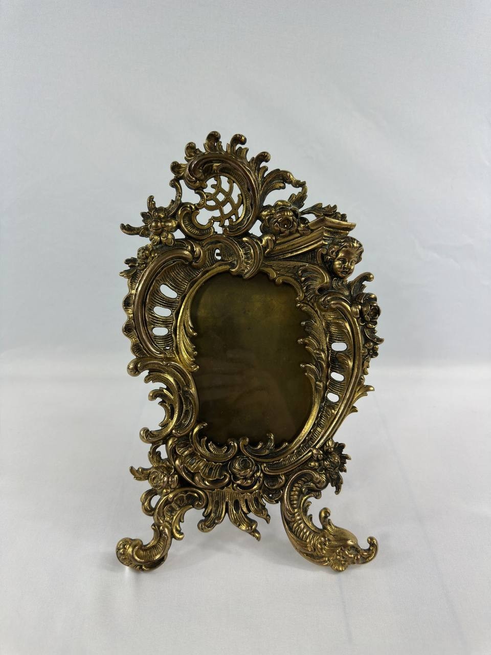 Antique French Gilt Bronze Tabletop Picture Frame Cherub Rococo Easel Back
