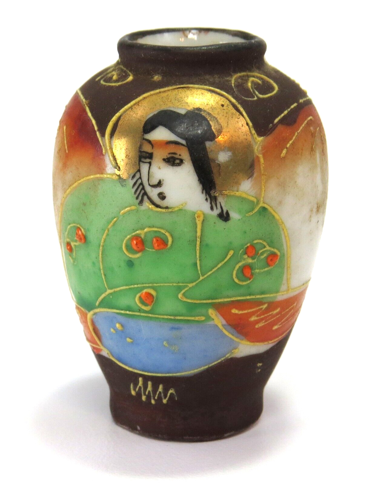 Woman in Green Vintage Miniature Hand Painted Vintage Ceramic Vase/Urn, Japan