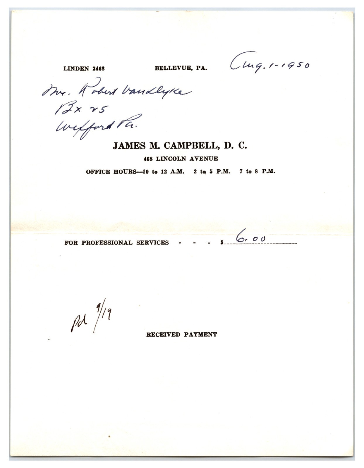 Original 1950 James M. Campbell D.C. Doctor Office Receipt - Bellevue, PA Doc