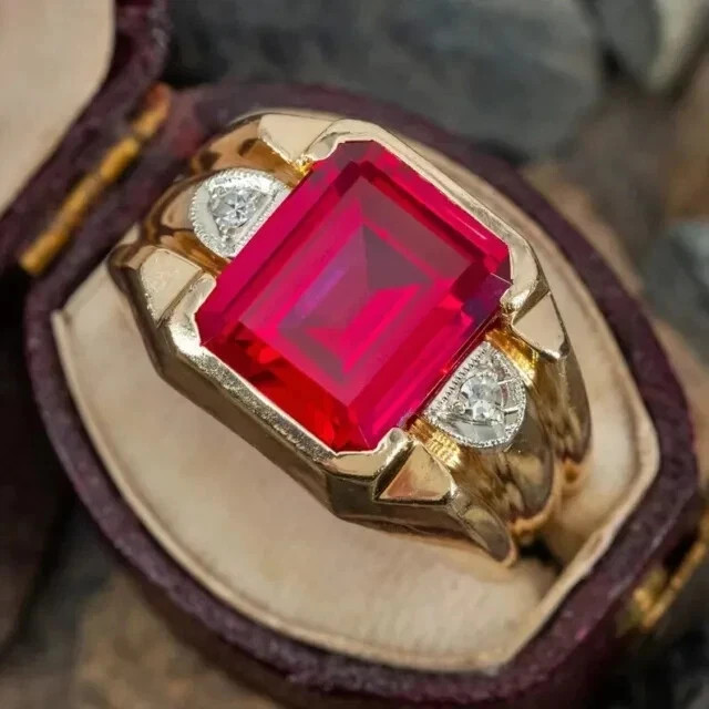 3.0Ct Emerald Cut Lab Created Red Ruby Wedding Men\'s Ring 14K Yellow Gold Plated