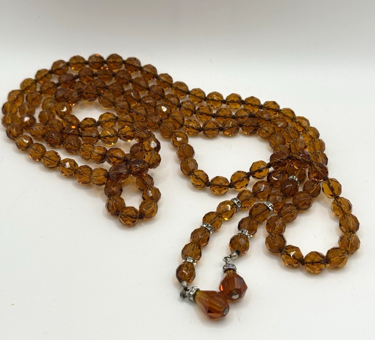 Vintage Cognac Amber Faceted Glass Lariat Necklace Teardrop Pendant Ends