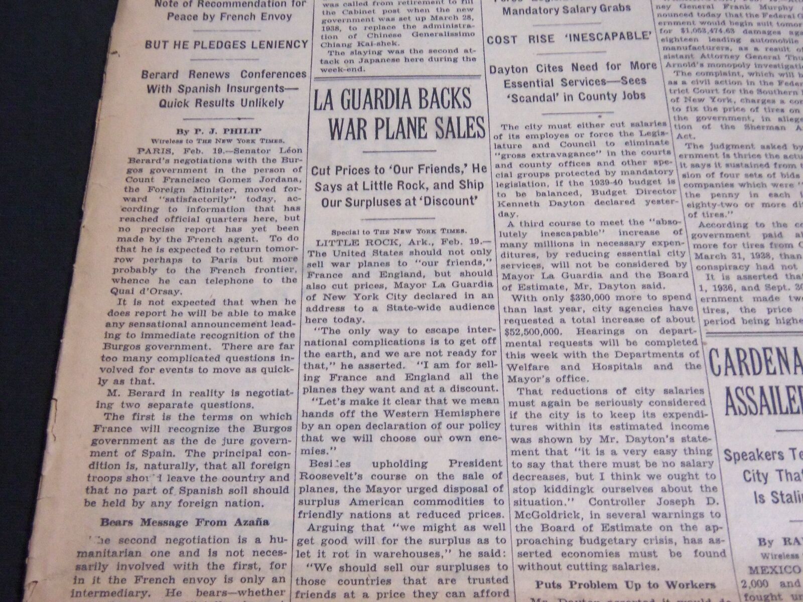 1939 FEBRUARY 20 NEW YORK TIMES - LA GUARDIA BACKS WAR PLANE SALES - NT 6838