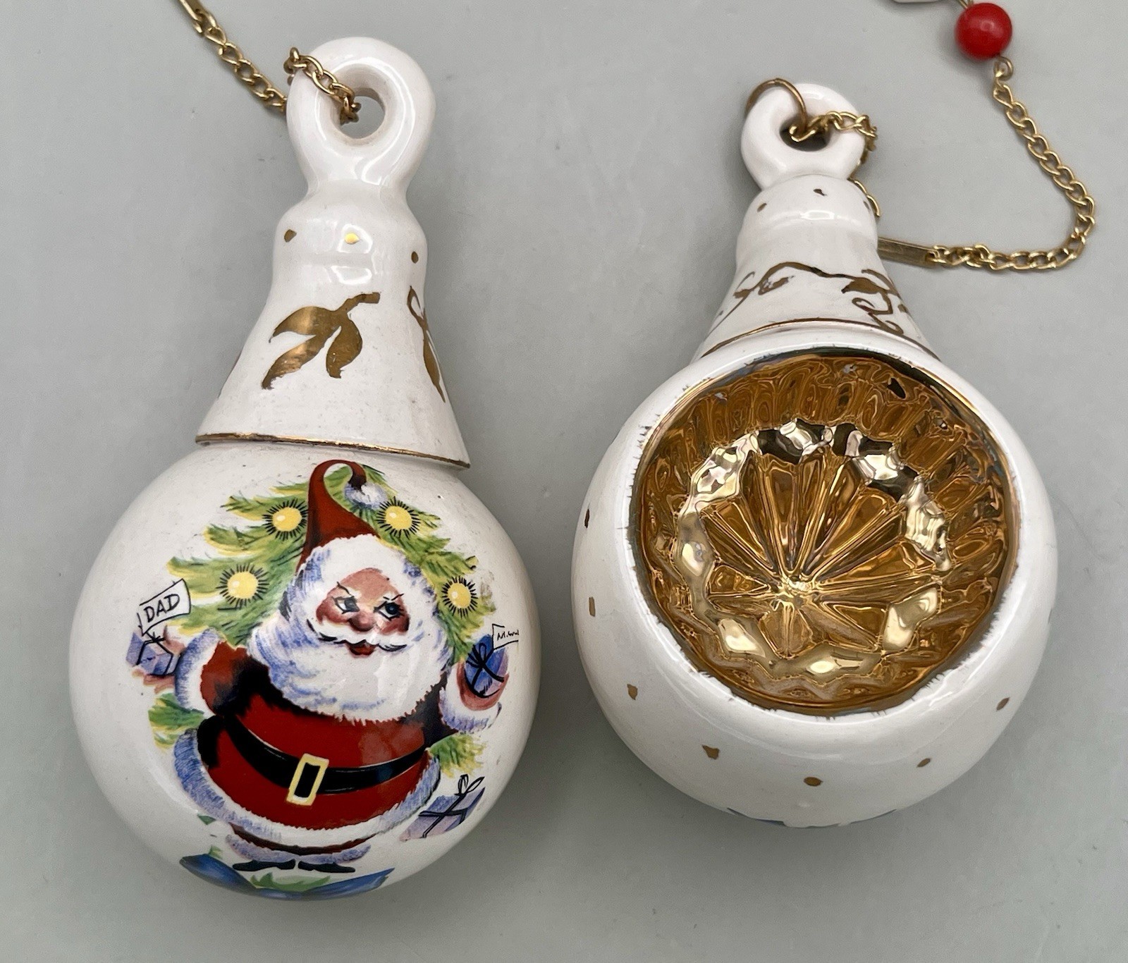 4 VTG Holiday Indent Christmas Ornaments Hand Made And Painted OOO Vintage Santa
