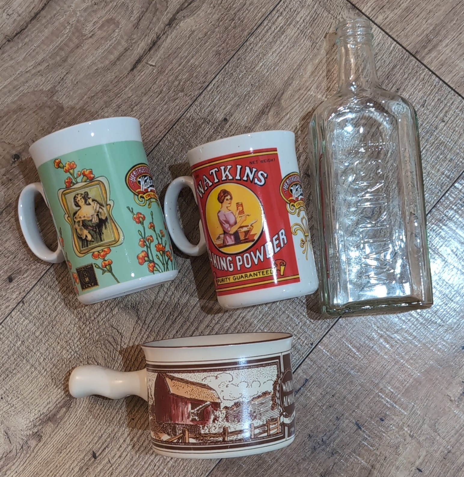 Watkins Heritage Collection Advertising Mugs & Clear Glass Bottle Lot, 1906