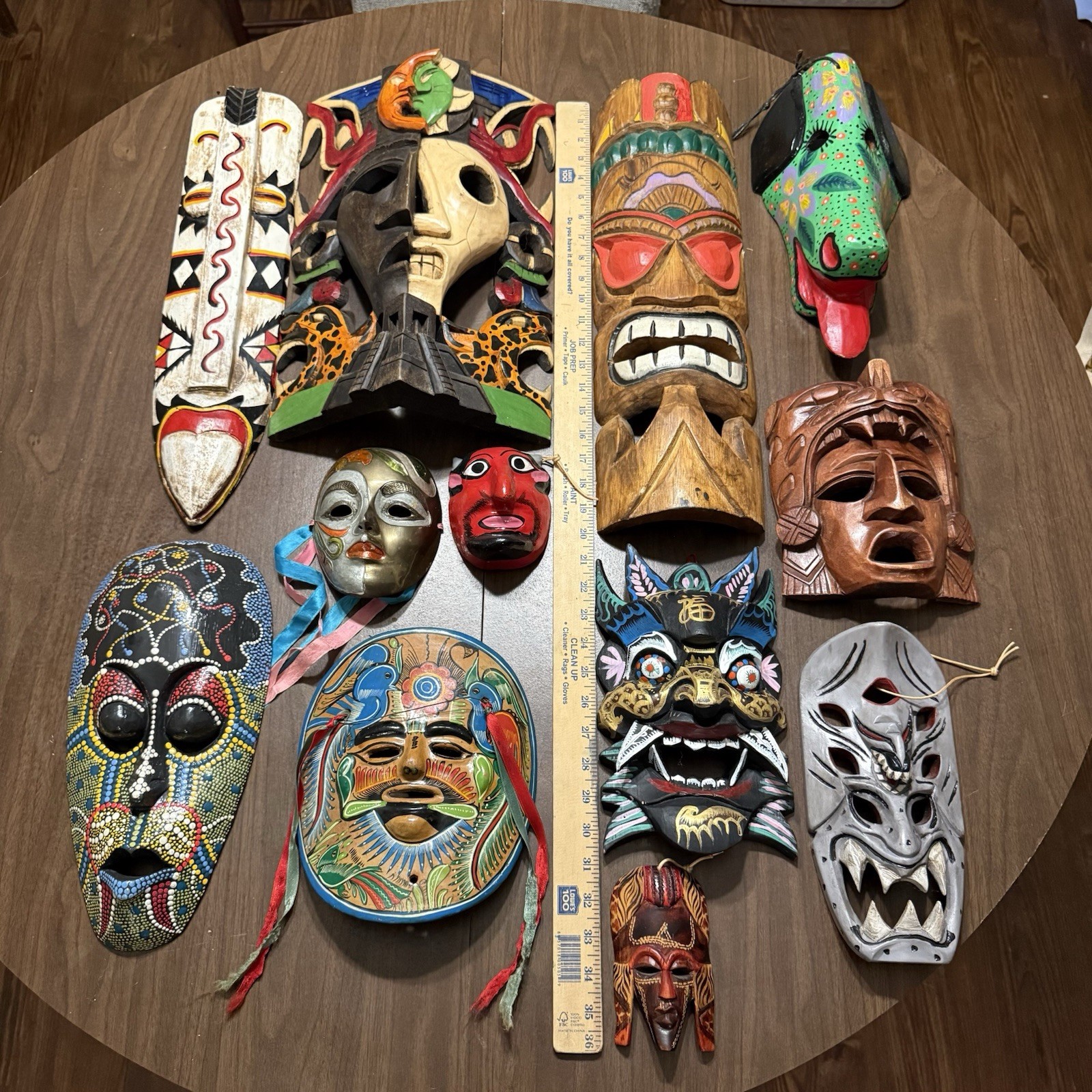 Vintage 80s/90s RARE Aztec Wooden/ Brass/Terracotta Painted Masks 12 Pc Bundle
