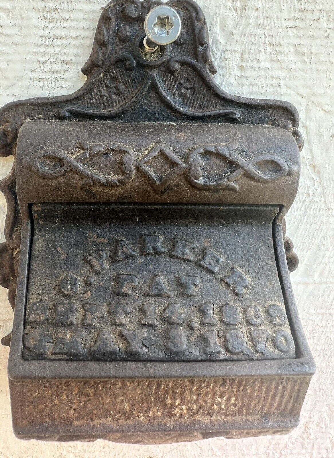 Antique Cast Iron C. Parker Wood Match Safe Pat Sept 14 1869 And May 3 1870