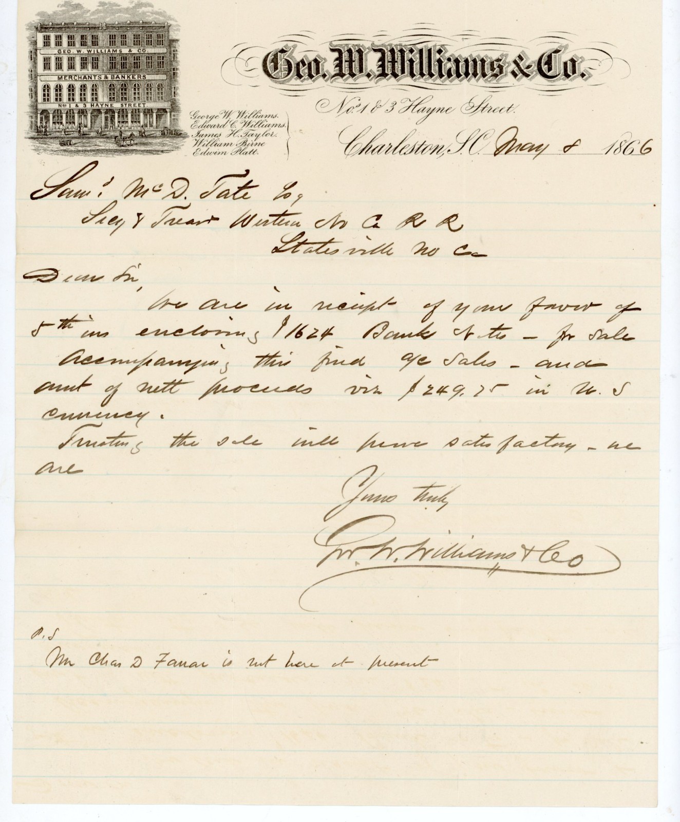 1866 Charleston SC Illustrated Letterhead Geo W Williams Western NC Railroad NC 1866 Charleston SC Illustrated Letterhead Geo W Williams Western NC Railroad NC