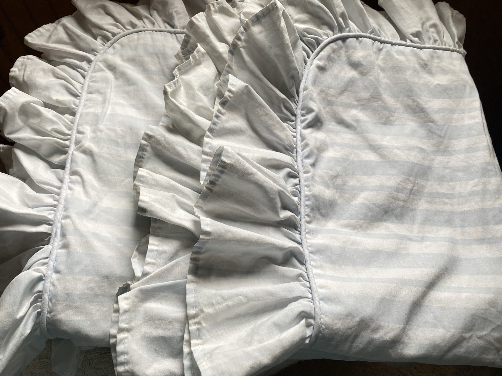 2 VTG Blue & White Striped Ruffled Pillow Shams 1987 Eileen West Shabby Chic