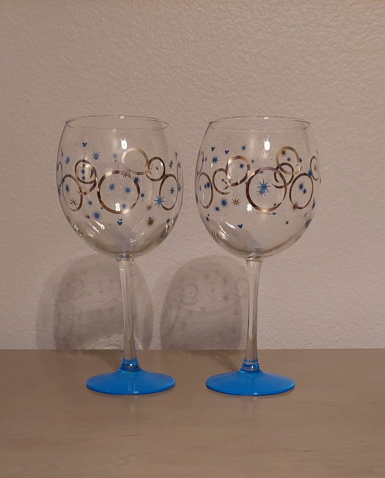 Pair of Disney Parks Gold Mickey Blue Stars And 9 Inch Stem Wine Glasses Goblets