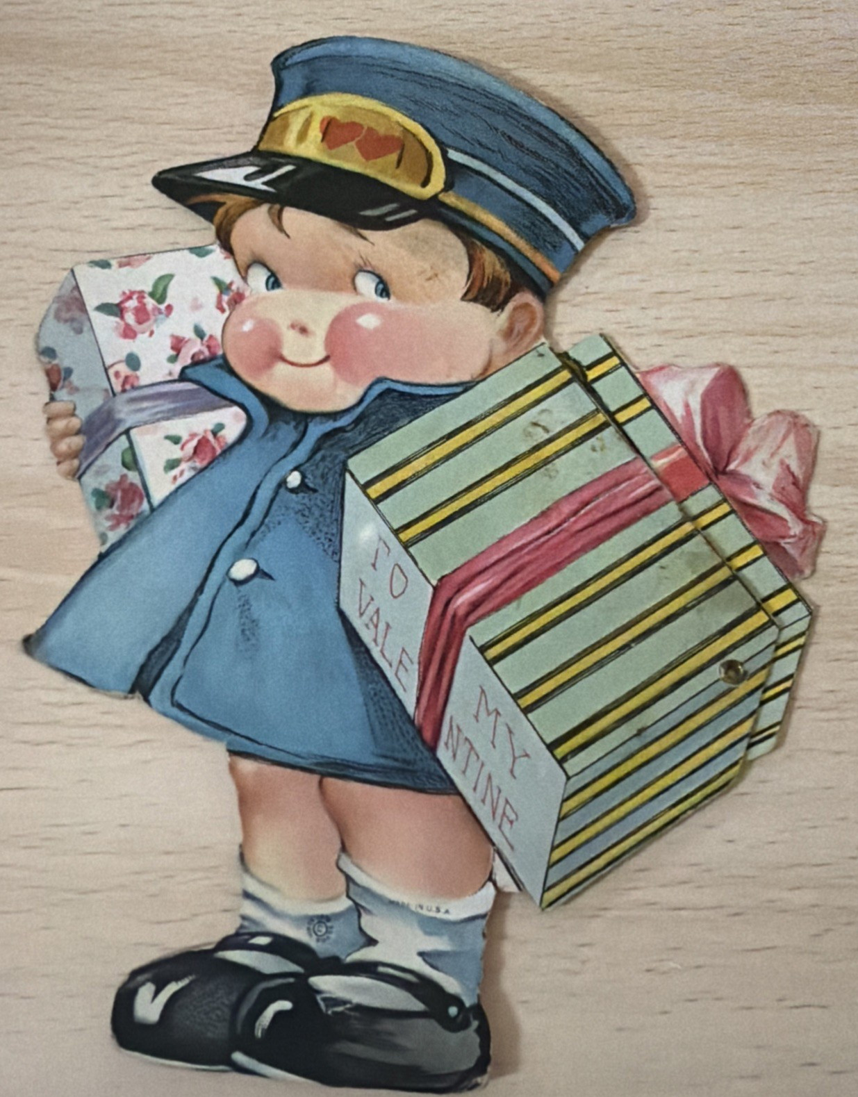 VTG 1919 Mechanical Twelvetrees Valentine-Chubby Rosy Cheek Delivery Boy w/ Gift