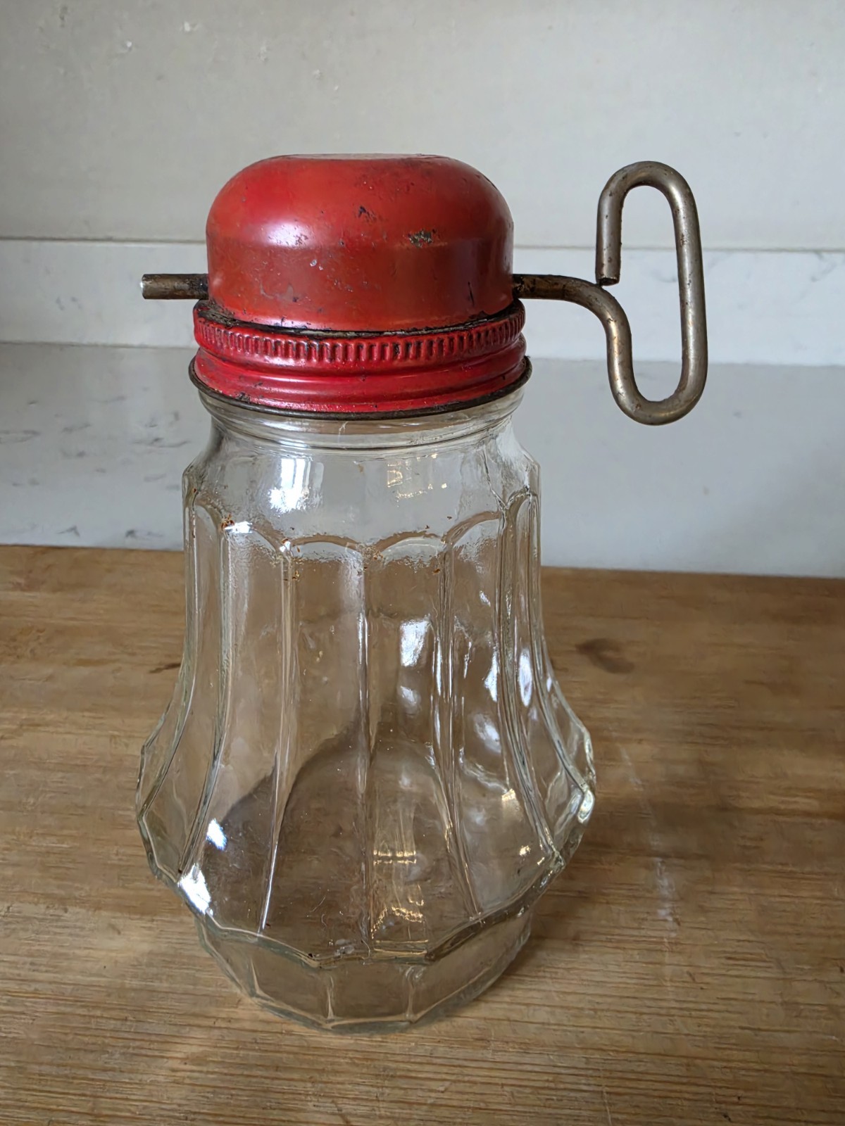 Vintage Federal Glass Jar Hand Crank Nut Grinder w/ Metal Top & Red Lid Works