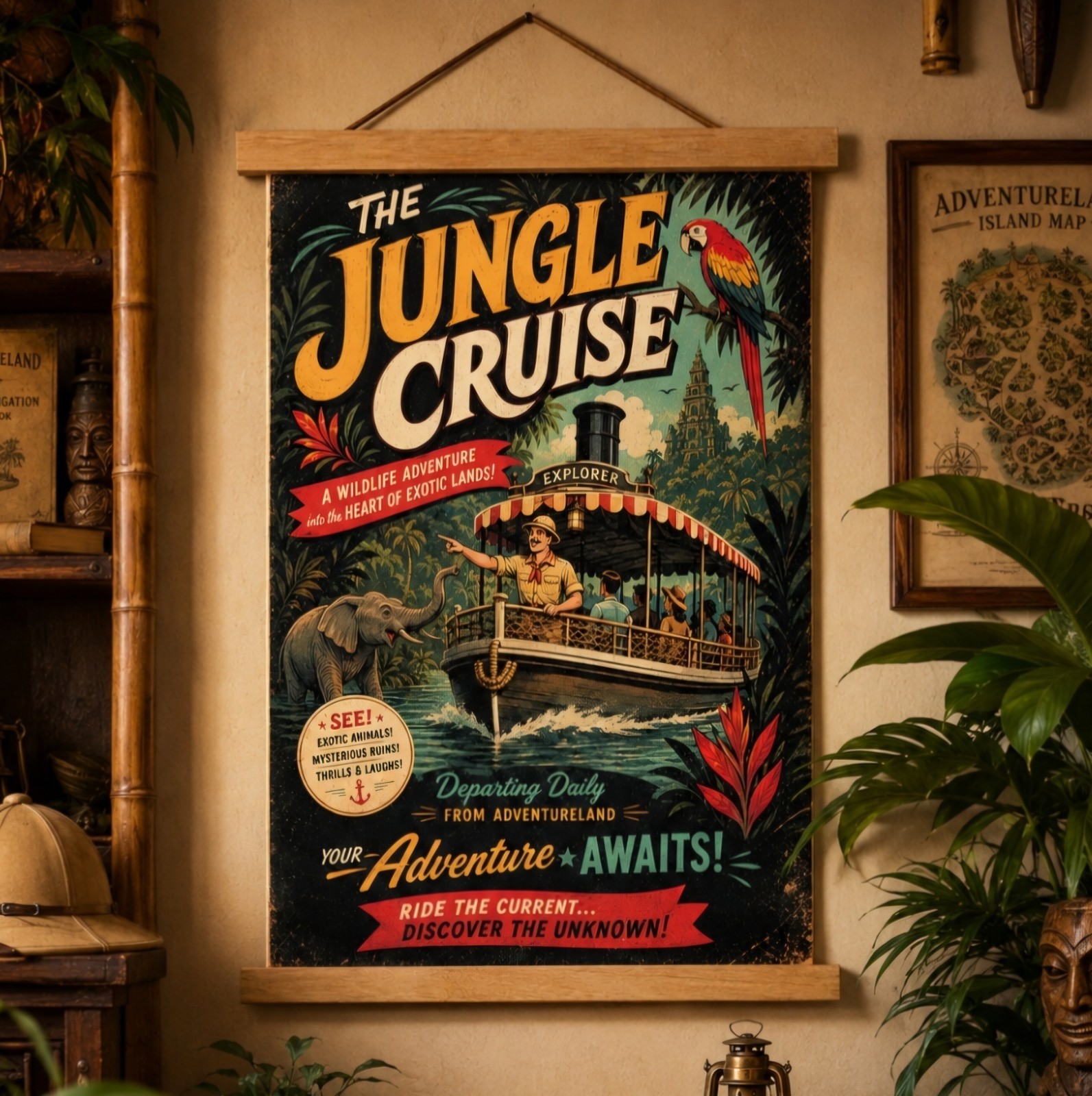 Adventureland Jungle Cruise Themed Custom Art Canvas Print with Wooden Hanger