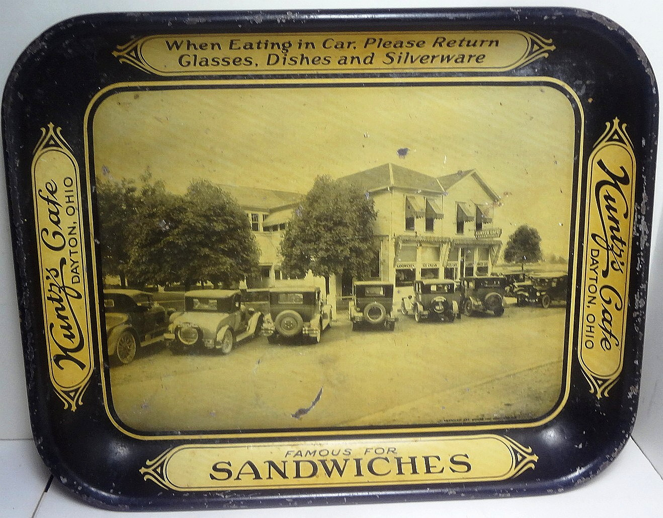 HTF c1920's KUNTZ'S CAFE - DAYTON OHIO serving AUTO SANDWICHES TRAY - NICE FIND