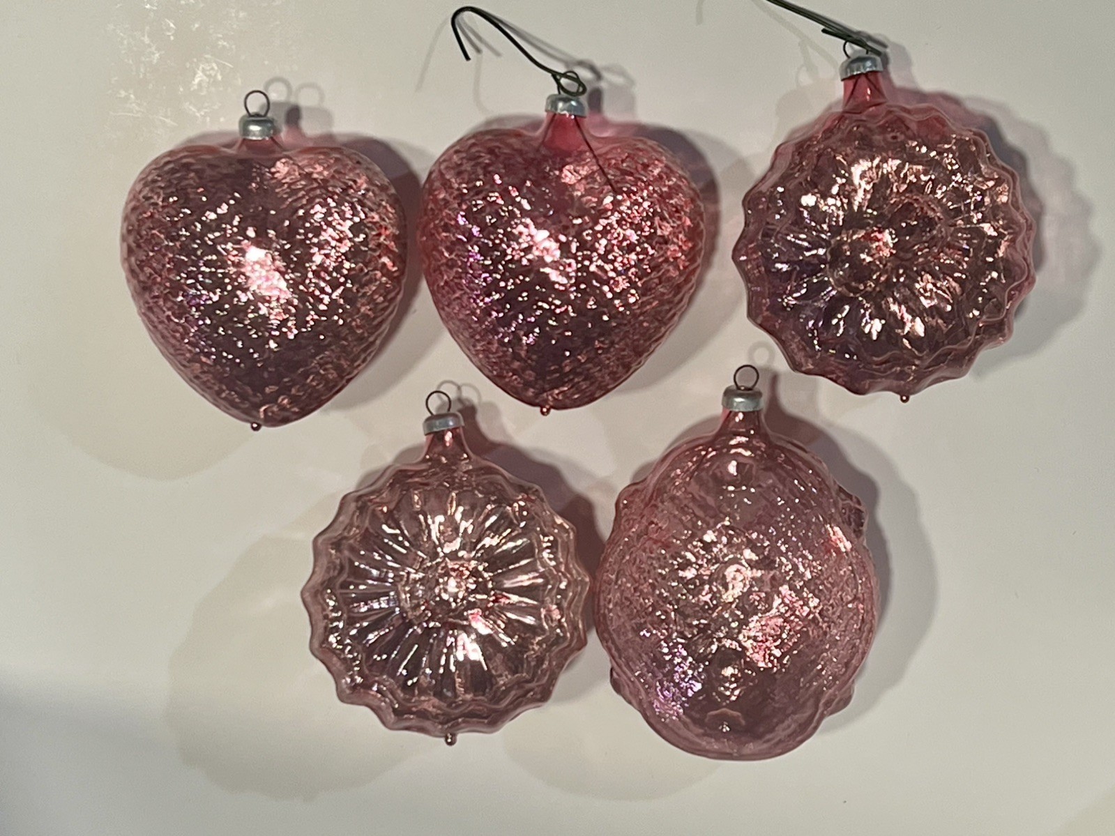 5 VTG West Germany Christmas Ornament Embossed Pink Half Clear Reflector Bumpy