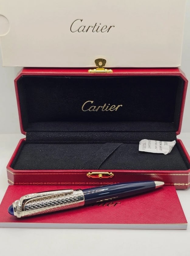 Cartier Guilloche Ballpoint Pen Iced Blue Lacquer Silver Trim Luxury Gift Box
