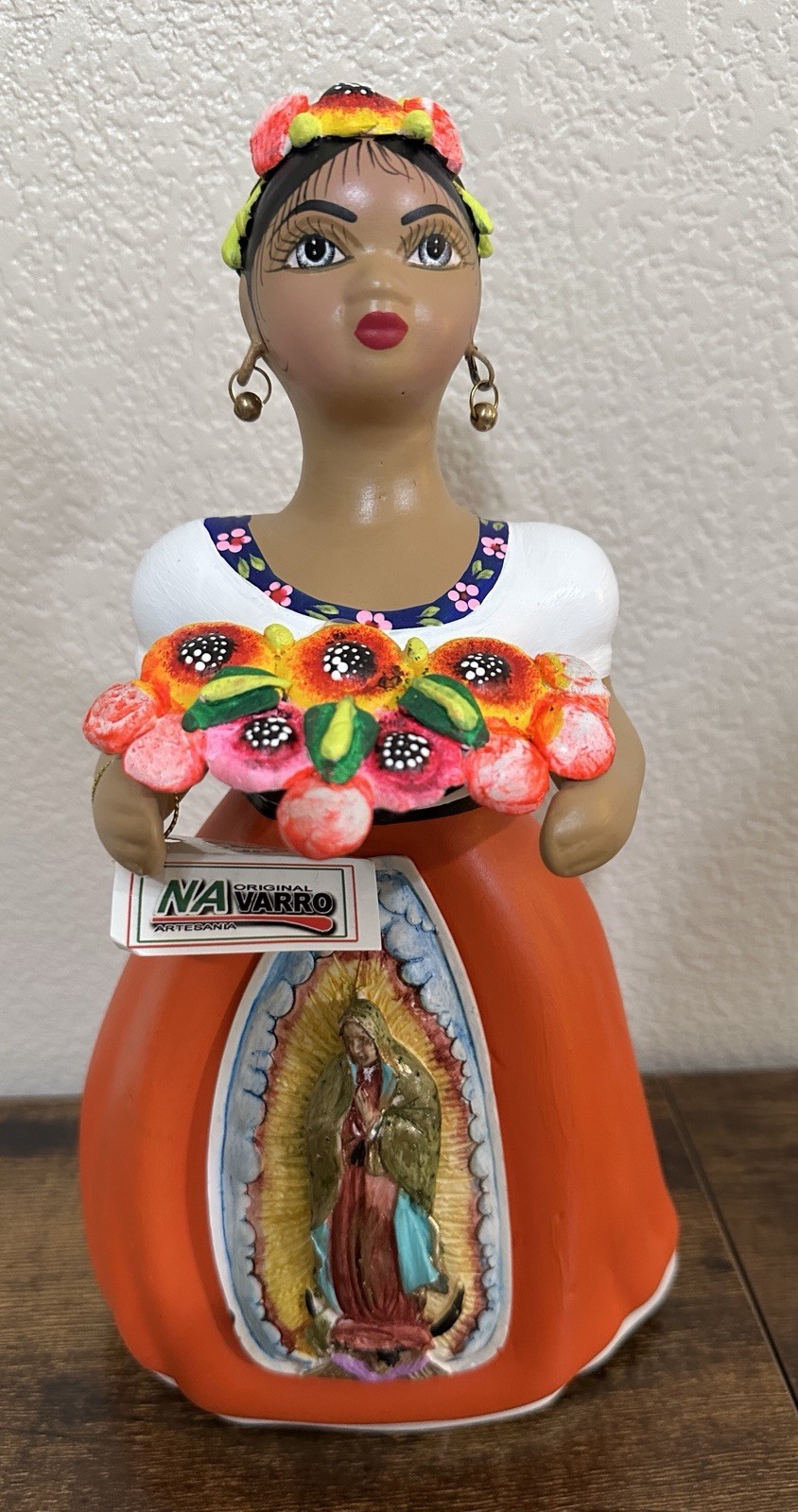 Beautiful & UniqueNavarro Lupita Doll Flowers/Orange Skirt/ 3D Virgen Guadalupe