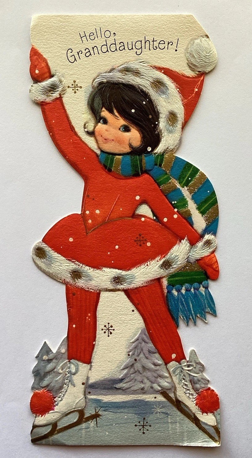 Vintage Christmas Card Die Cut GIRL RED DRESS ICE SKATING Emboss Ambassador Card Vintage Christmas Card Die Cut GIRL RED DRESS ICE SKATING Emboss Ambassador Card