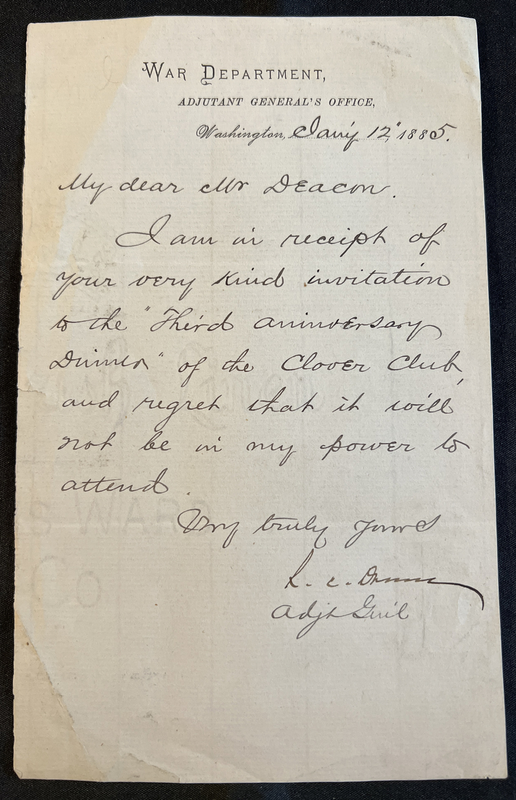 1885 WAR DEPARTMENT Adjutant General R.C. Drum Original Letterhead Letter Vtg