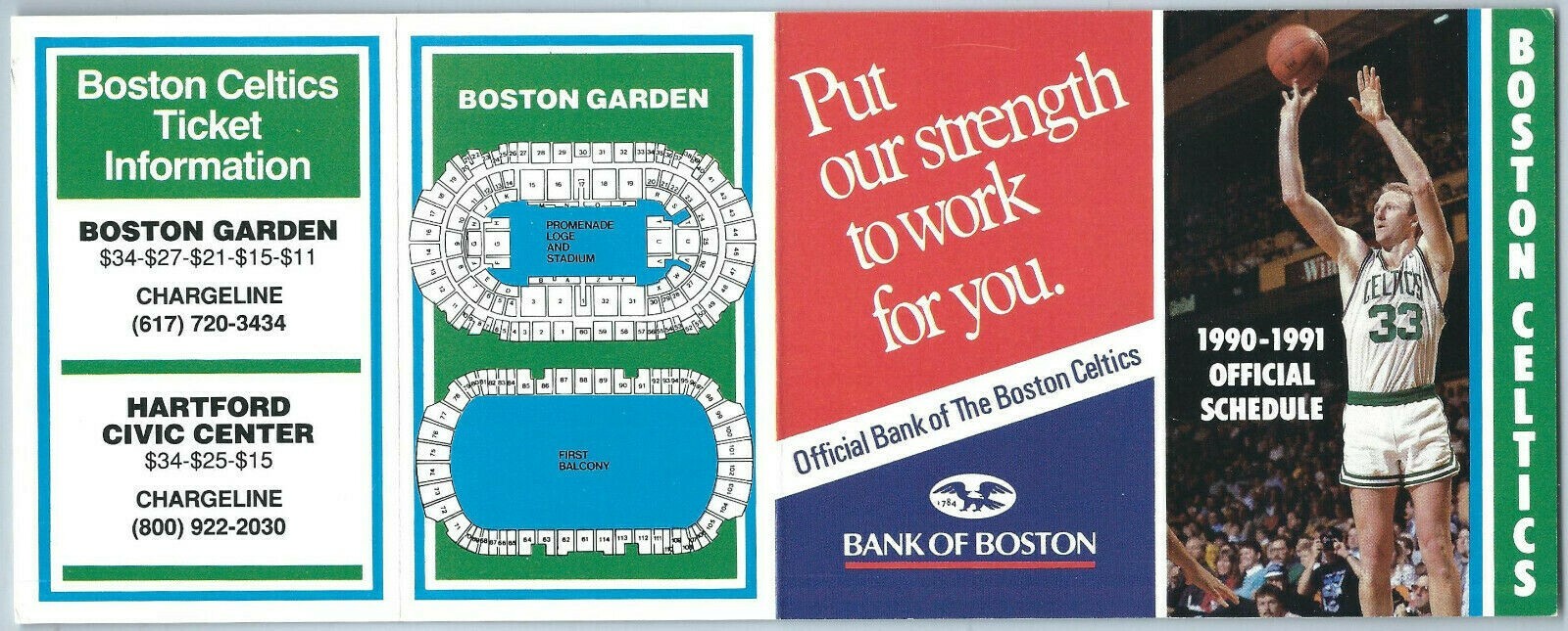 1990-91 BOSTON CELTICS Schedule - LARRY BIRD - Bank Of Boston 