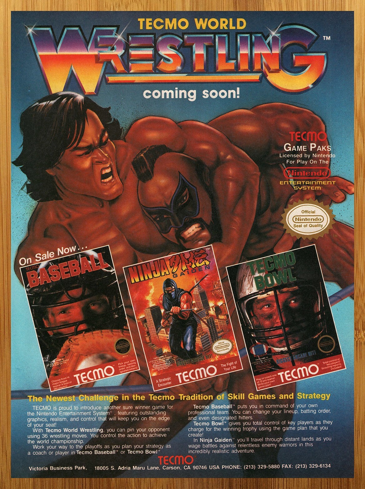 1990 Tecmo World Wrestling Nintendo NES Print Ad/Poster Ninja Gaiden Game Art