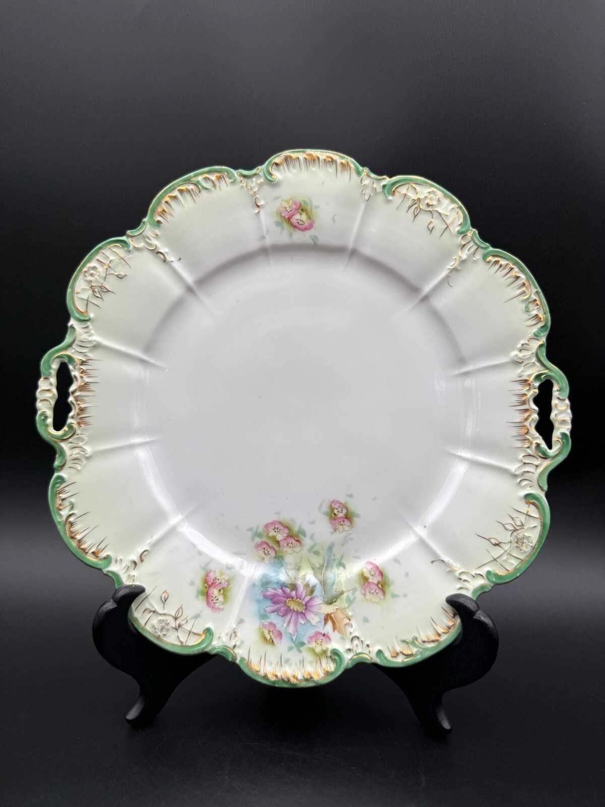 Antique RS Prussia Porcelain Floral Handled Serving Plate Gold Gilt 9.5\