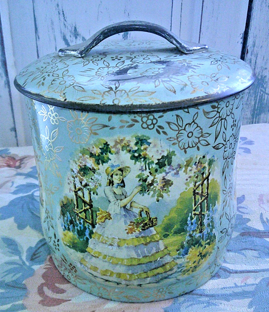 Vtg Baret Ware Handled Tin England Gold Floral Green Pink Woman Romantic