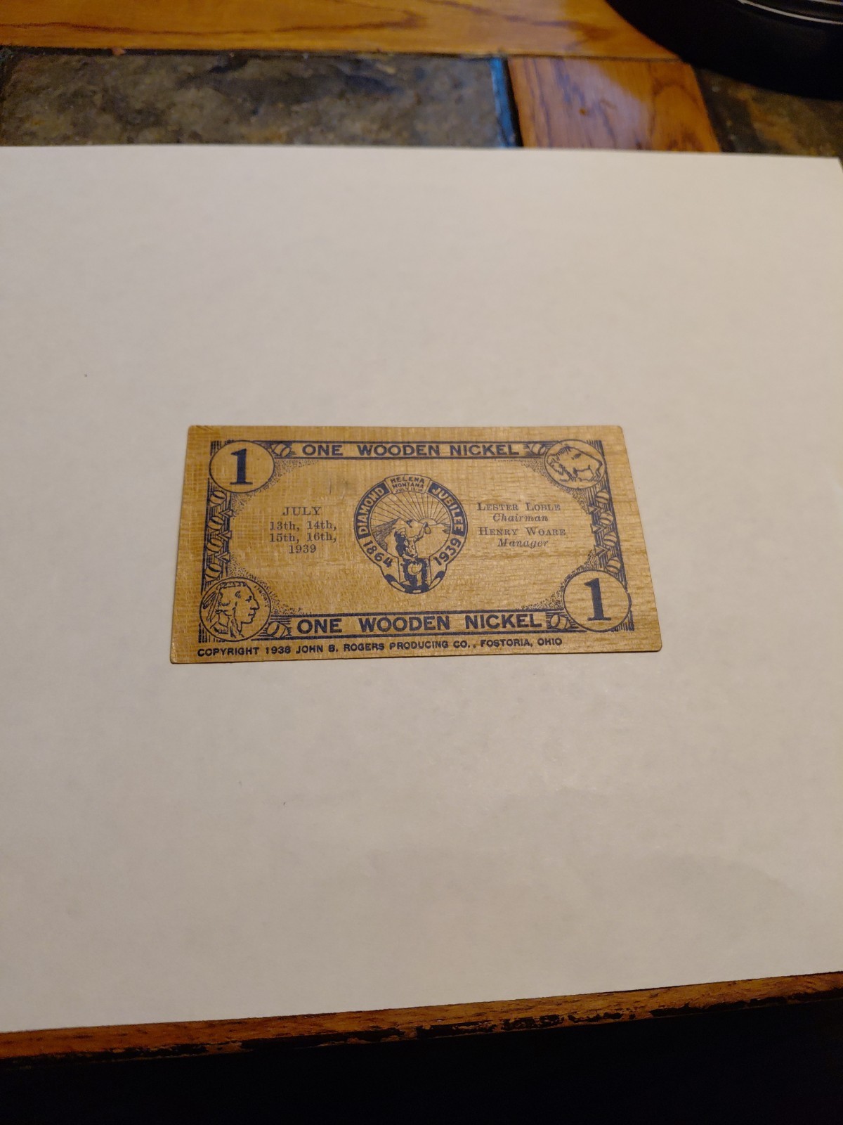 1939 Helena, Montana Diamond Jubilee Wooden Nickel