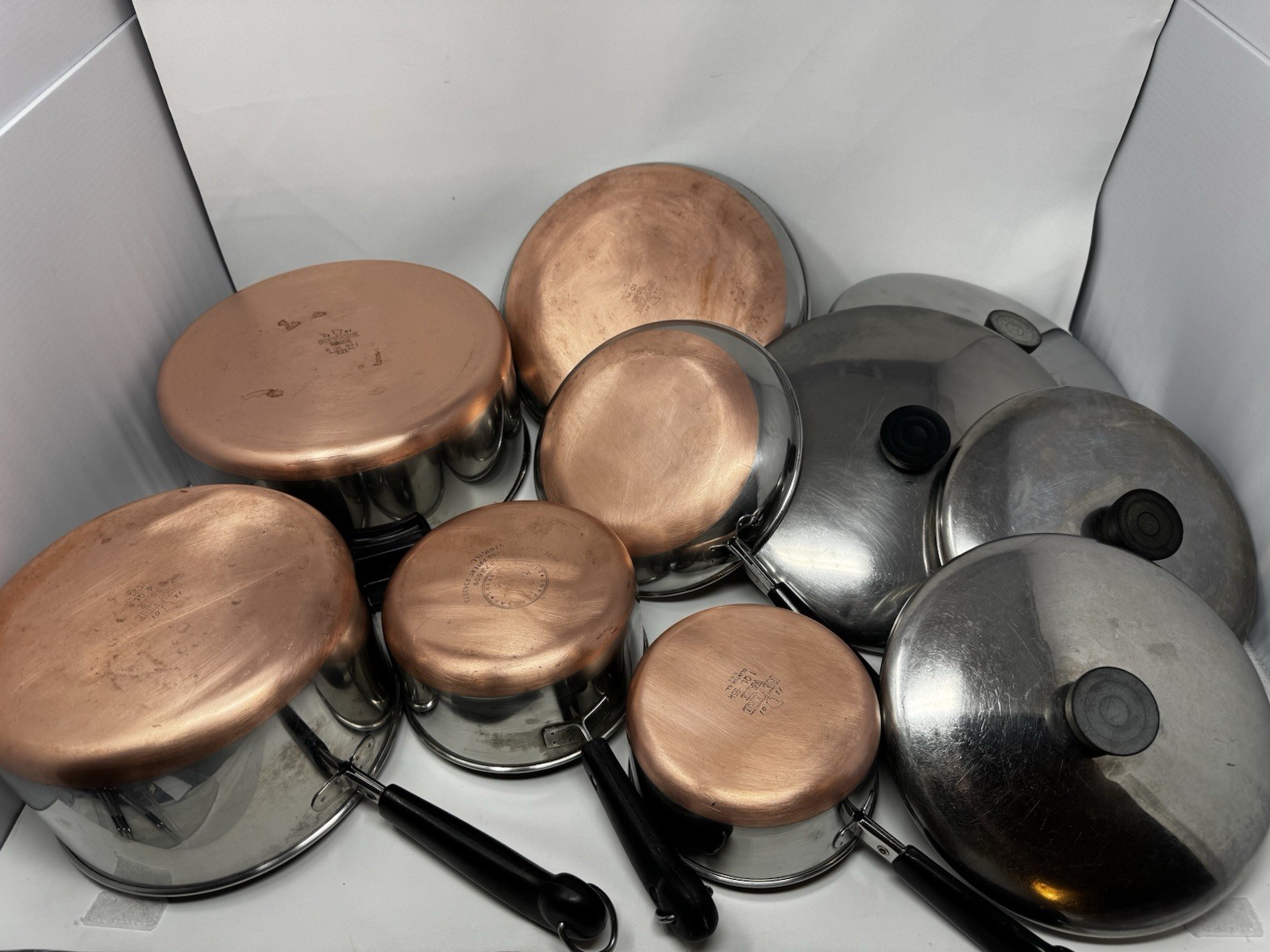 Vintage Revere Ware Copper Bottom 10 Pc Cookware Set Pots Pans Skillets Lids
