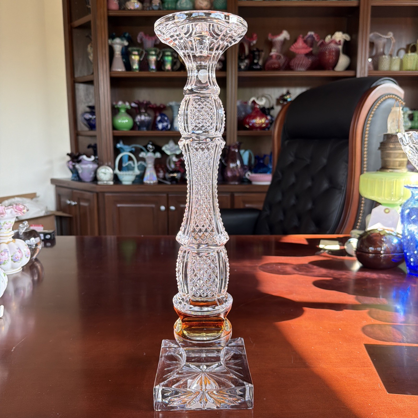 Waterford 16.25” Triumph “Golden Age” Hand Cut Crystal Candlestick Amber Infused