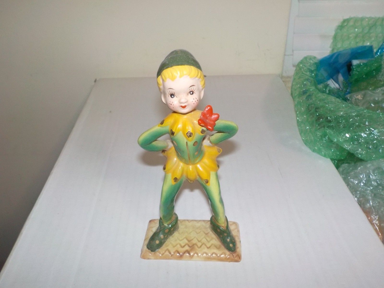 Vintage 1950\'s Kreiss Ceramics Wood Sprite Figurine In Green w/ Red Butterfly