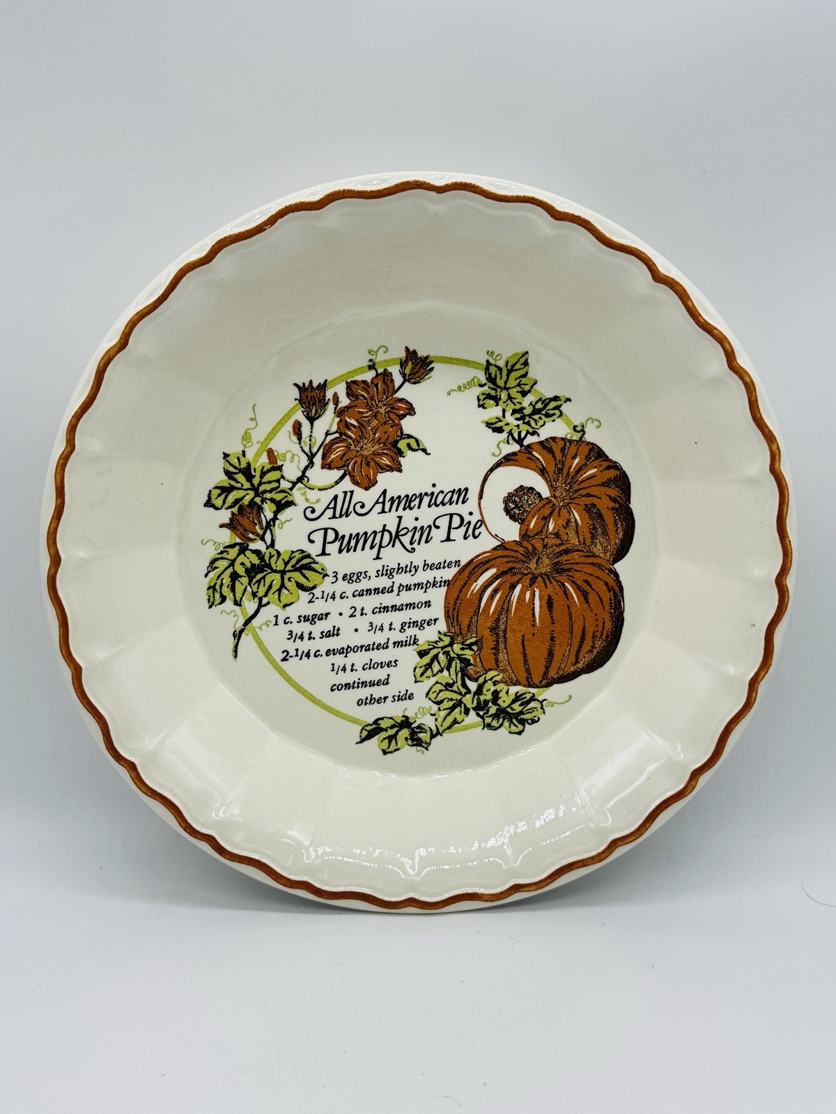 Vintage All American Pumpkin Pie Recipe Pie Plate Royal China 10.5”