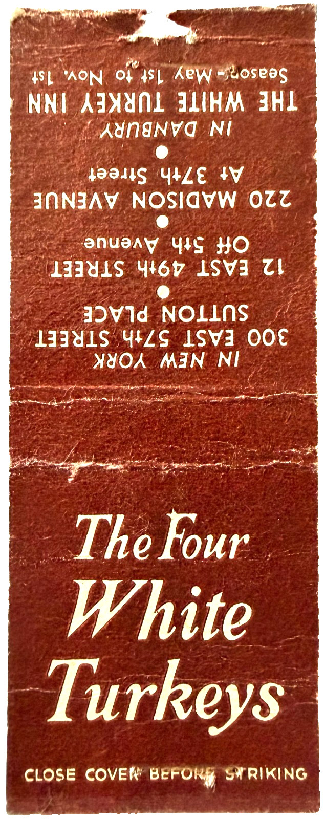 1950s The Four White Turkeys Restaurant Chain Matchbook Cover New York Vintage