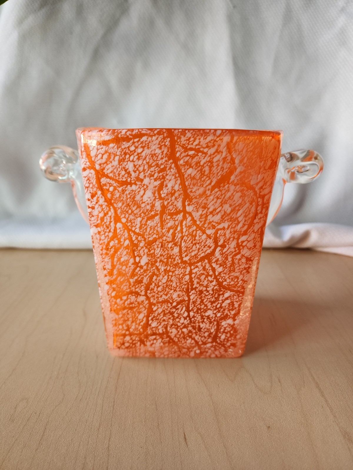 Orange Art Glass W Frosted Crackle Pattern Vase With Clear Handles
