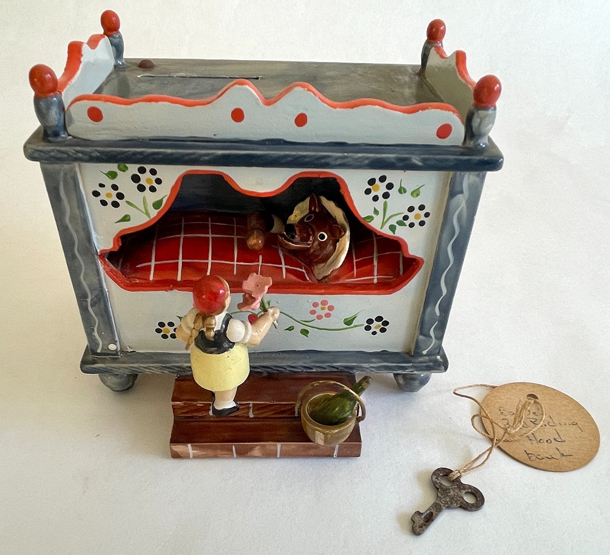 RARE Vintage HEDO Music Box Coin Bank 'Little Red Riding Hood & Wolf' Germany