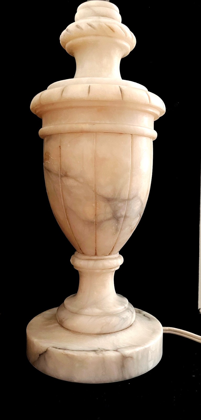 Vtg Italian Hand-Carved Alabaster Cream & Gray Neoclassical Urn Table Lamp-1930s