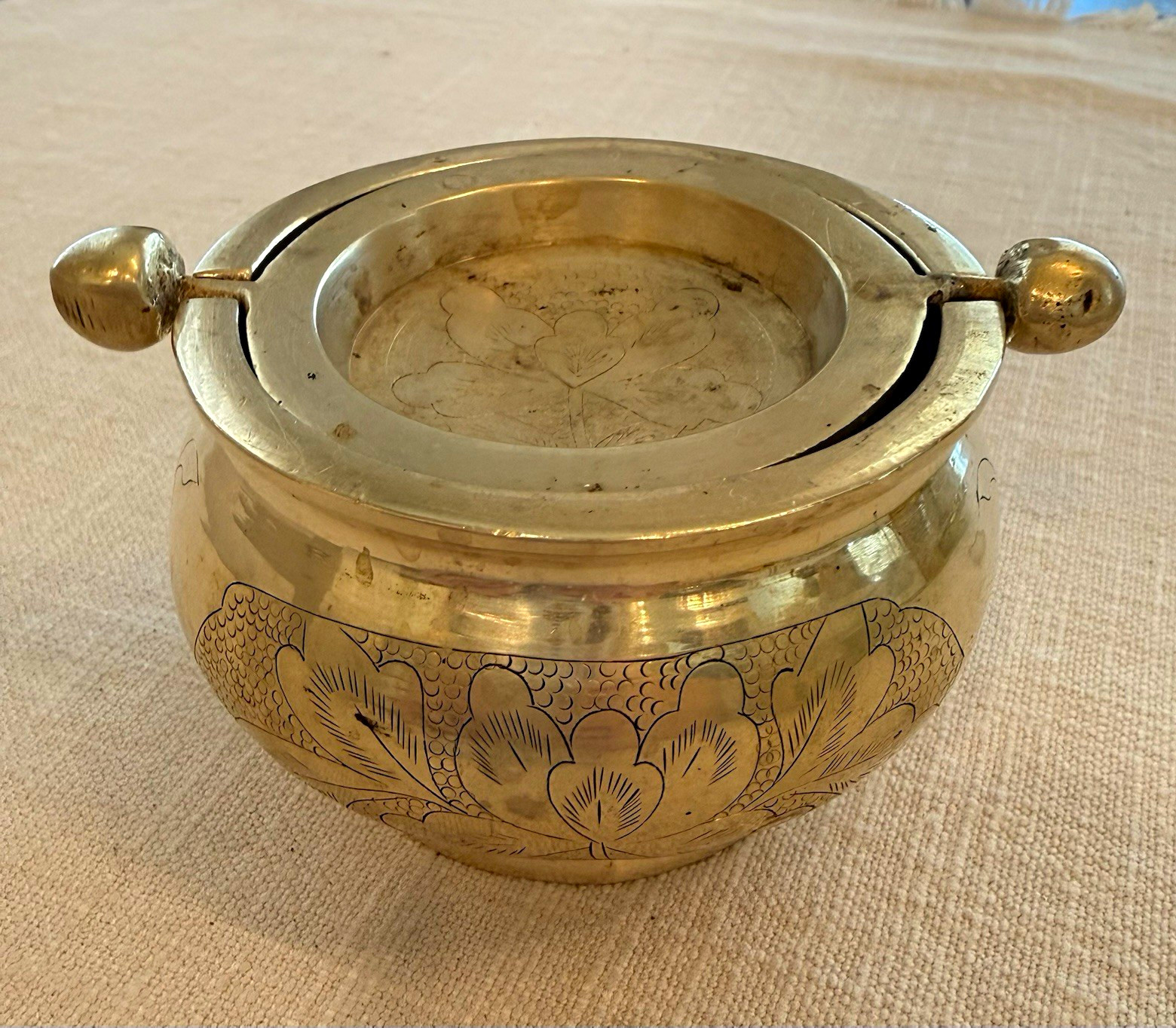 Vintage Solid Brass Ashtray Rotating Lid Floral Engraved 3 in