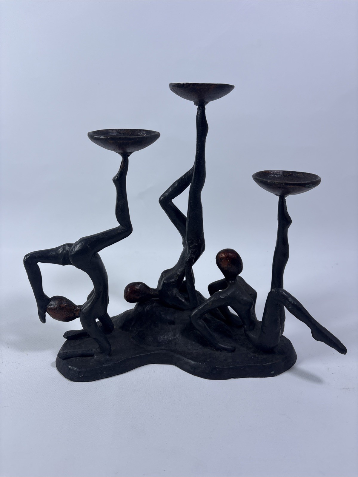 vintage heavy cast bronze Figural Acrobatic Candlestick Holder