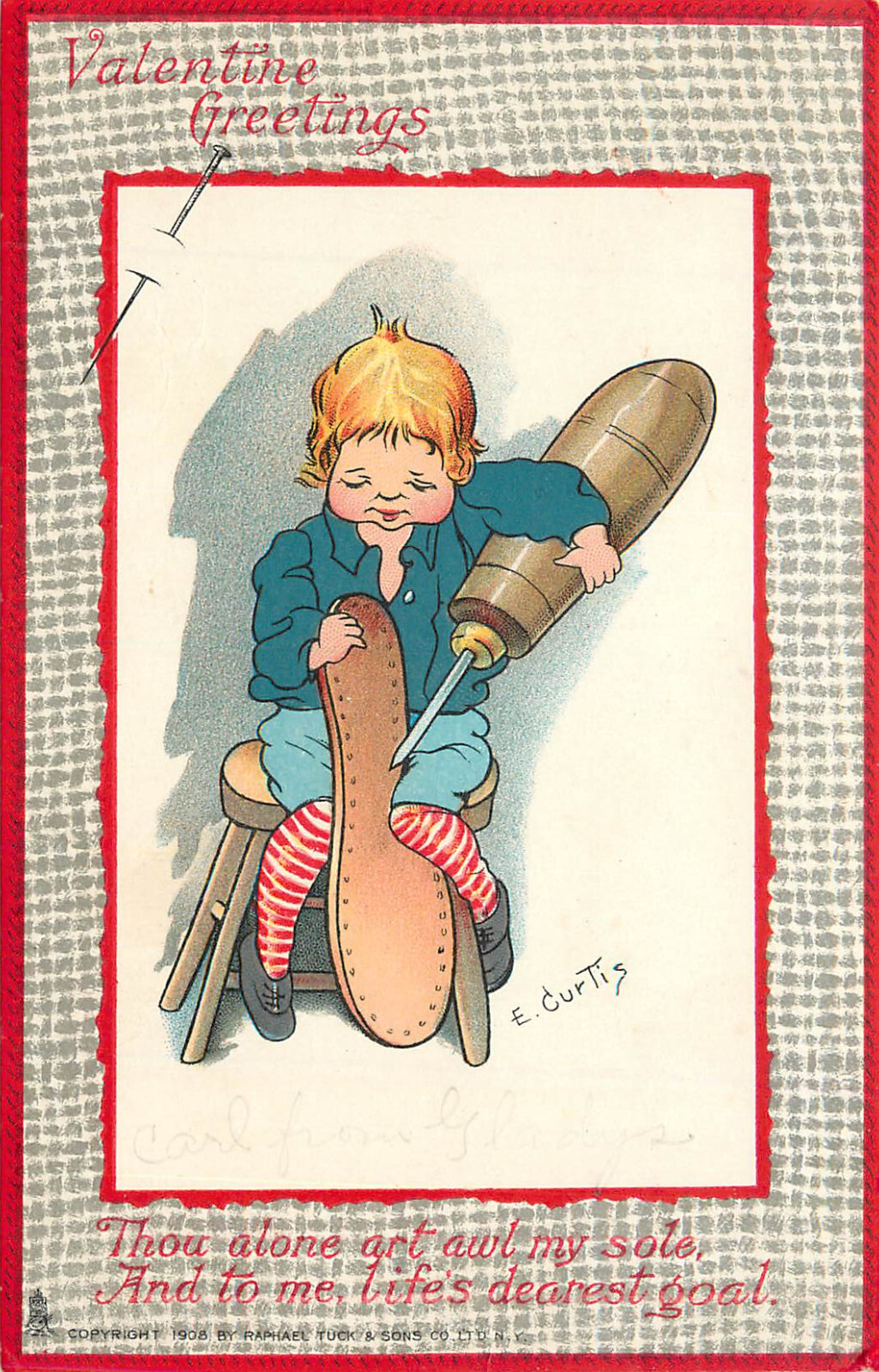 Tuck Postcard Love\'s Labor Series 3 S/A Curtis Cobbler With Giant Valentines Awl